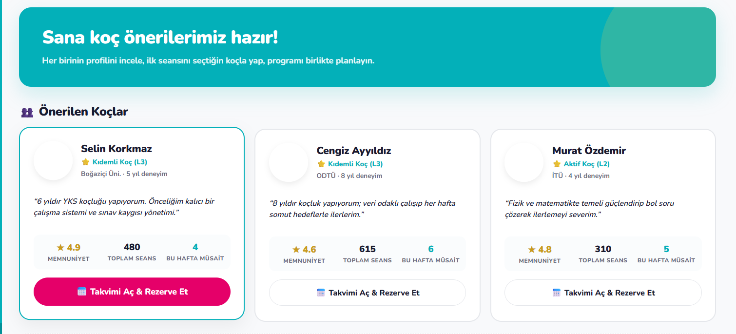 Derslig koç önerileri ekranı